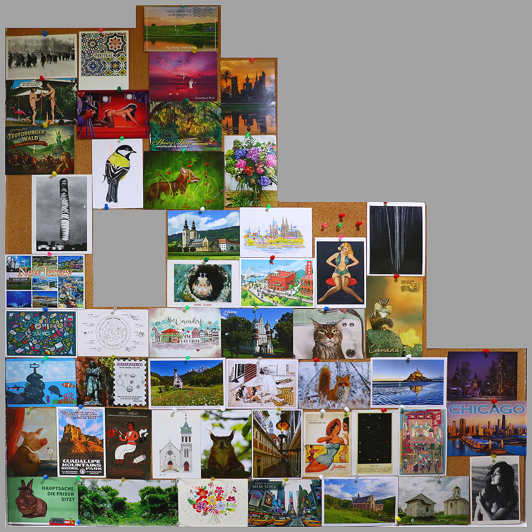display board with 50 postcards